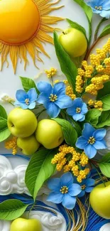 Colorful wallpaper with sun, flowers, leaves, and apples.