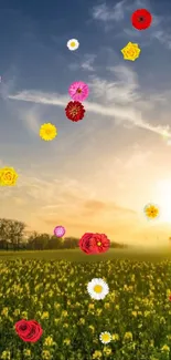 Vibrant floating flowers at sunrise over a green field.