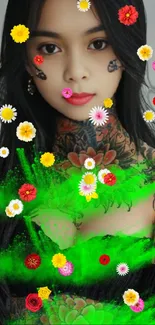 Vibrant woman with floral tattoos and colorful blossoms.