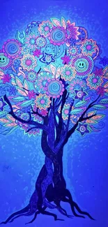 Colorful floral tree illustration on a blue background, perfect for mobile display.