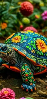 Colorful floral turtle art amidst flowers.