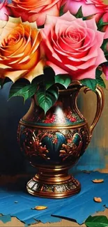 Vibrant pink and orange roses in an ornate vase.