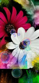 Colorful artistic floral mobile wallpaper with vibrant splashes and bubbles.