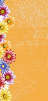 Colorful floral wallpaper with vibrant flowers on an orange textured background.