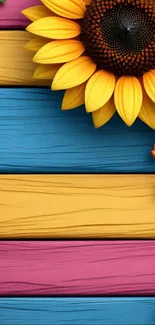 Colorful floral wallpaper with a sunflower on wooden background.