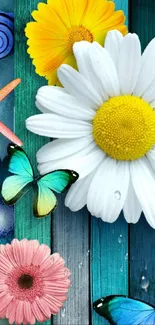 Vibrant wallpaper with flowers and butterflies on turquoise wood.