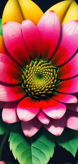 Vibrant pink and yellow flower with lush green leaves on a dark background.