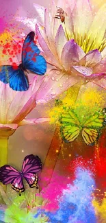 Colorful flowers with butterflies in an artistic, vibrant design.