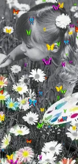 Young girl adds vibrant colors to daisies in black-and-white field.