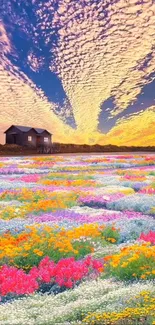 Colorful flower field at sunset with dramatic sky.