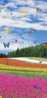 Vibrant landscape with colorful flowers and blue sky.