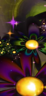 Vibrant fractal flower wallpaper with purple petals and yellow centers.