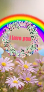 Vibrant mobile wallpaper with rainbow, floral wreath, and 'I love you' message.