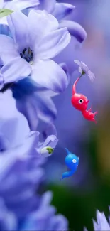 Whimsical fantasy creatures among vibrant flowers.