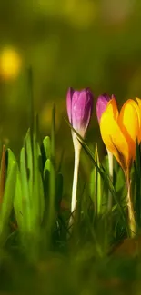 Vibrant spring flowers in green grass wallpaper with yellow and purple blooms.