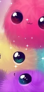 Colorful fluffy creatures with big, expressive eyes on a phone wallpaper.