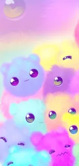 Vibrant cartoon wallpaper with fluffy, cute animals and pastel colors.