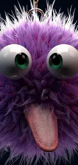 Vibrant fluffy monster with big eyes and purple fur as phone wallpaper.