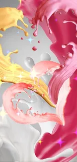 Colorful splash wallpaper with pink, gold, and white fluid art on a gray background.