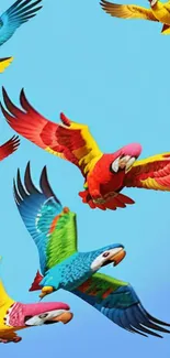 Colorful parrots flying against a bright blue sky.