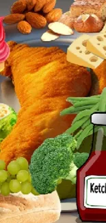 Colorful food art wallpaper with fried drumstick and ketchup bottle.