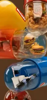 Colorful capsules containing fast-food items.