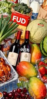 A colorful display of fruits, vegetables, and wine bottles in a market setting.