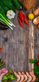 Colorful flat lay of fresh ingredients on wooden backdrop.