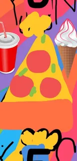 Colorful wallpaper with pizza, soda, and ice cream illustrations.