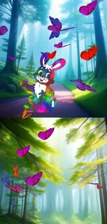 Vibrant cartoon forest scene with colorful butterflies and character.