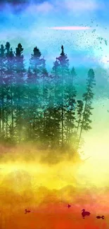 Colorful misty forest wallpaper with silhouetted trees and vibrant sky gradient.