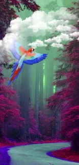 Vibrant red forest with a flying parrot in colorful hues.