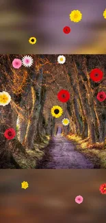 Enchanted forest path with colorful flowers.