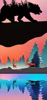 Vibrant forest silhouette art with animals and colorful gradient background.