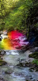 Vibrant forest stream with rainbow colors on a lush green background.