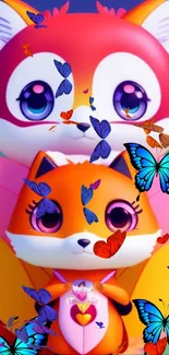 Cute foxes with colorful butterflies in an artistic mobile wallpaper.