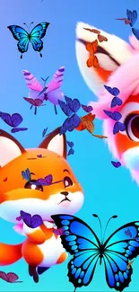 Animated fox and butterflies on blue background wallpaper.