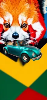 Artistic fox and vintage car wallpaper with vibrant colors.