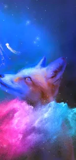 Vibrant artwork of a fox gazing at a glowing jellyfish.