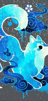 Animated blue fox artwork on a mobile wallpaper.