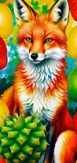 Colorful fox with a backdrop of vibrant fruits in fantasy art.