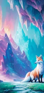 Fantasy fox in a vibrant, colorful cave setting with vivid blue hues.