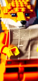 Colorful fox toy reading a newspaper with vibrant colors.