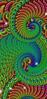 Vibrant fractal pattern in green, orange, and purple swirls.