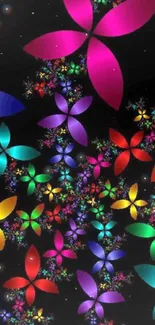 Colorful fractal flowers on a black background, creating a vibrant display.