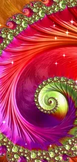 Colorful fractal spiral wallpaper with vibrant red and green patterns.