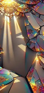 Fractal design with sunlight beams on colorful geometric pattern.