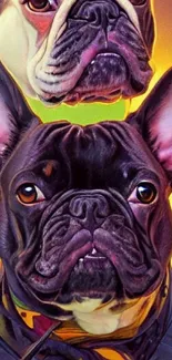 Vibrant artistic portrayal of two French Bulldogs with a colorful background.