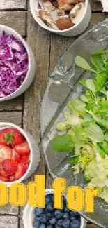 Colorful fresh salad ingredients displayed in bowls.