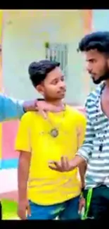 Three friends in colorful attire having a lively outdoor chat.